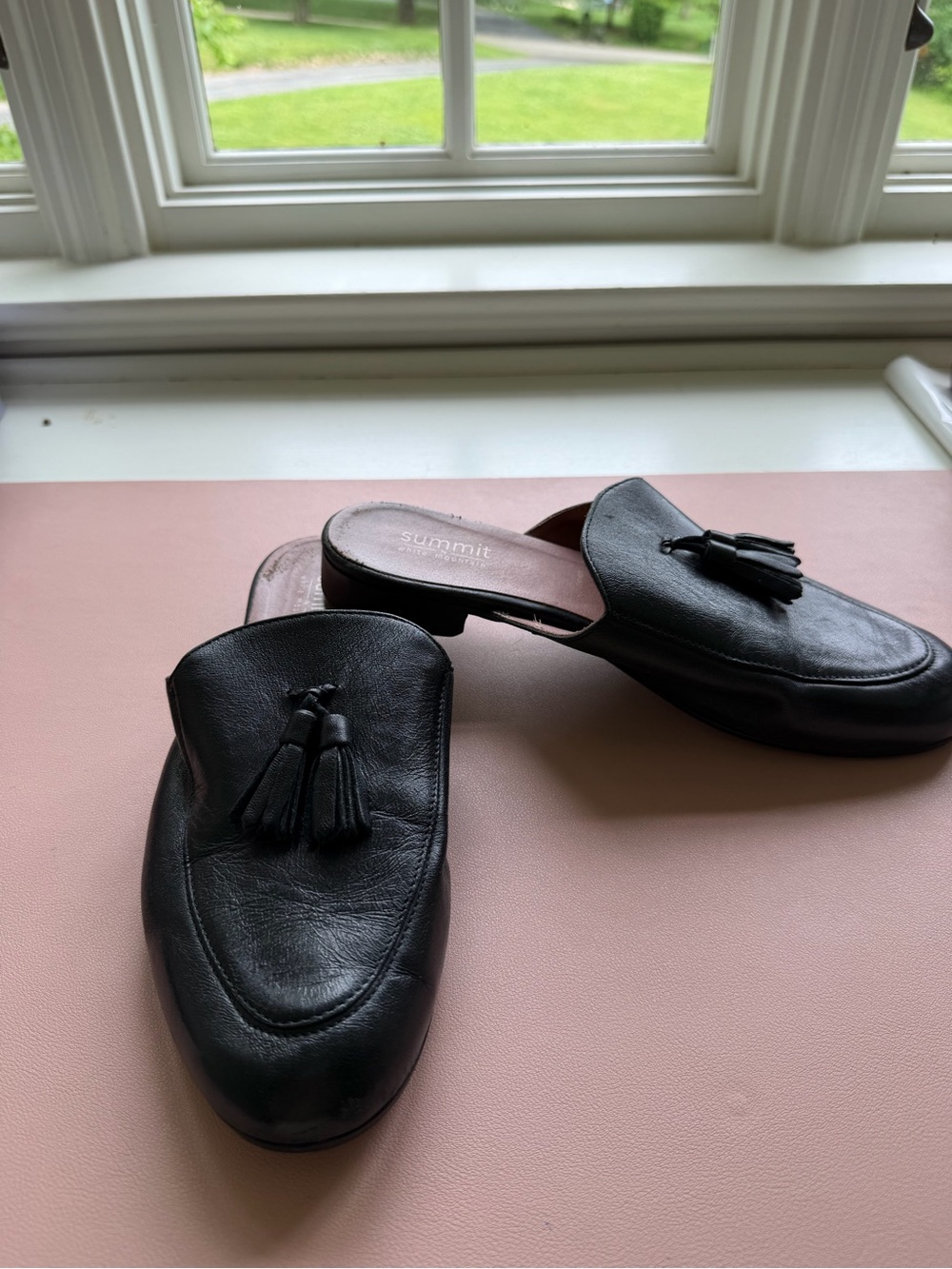 Black Leather Tassel Mule Loafers for Women